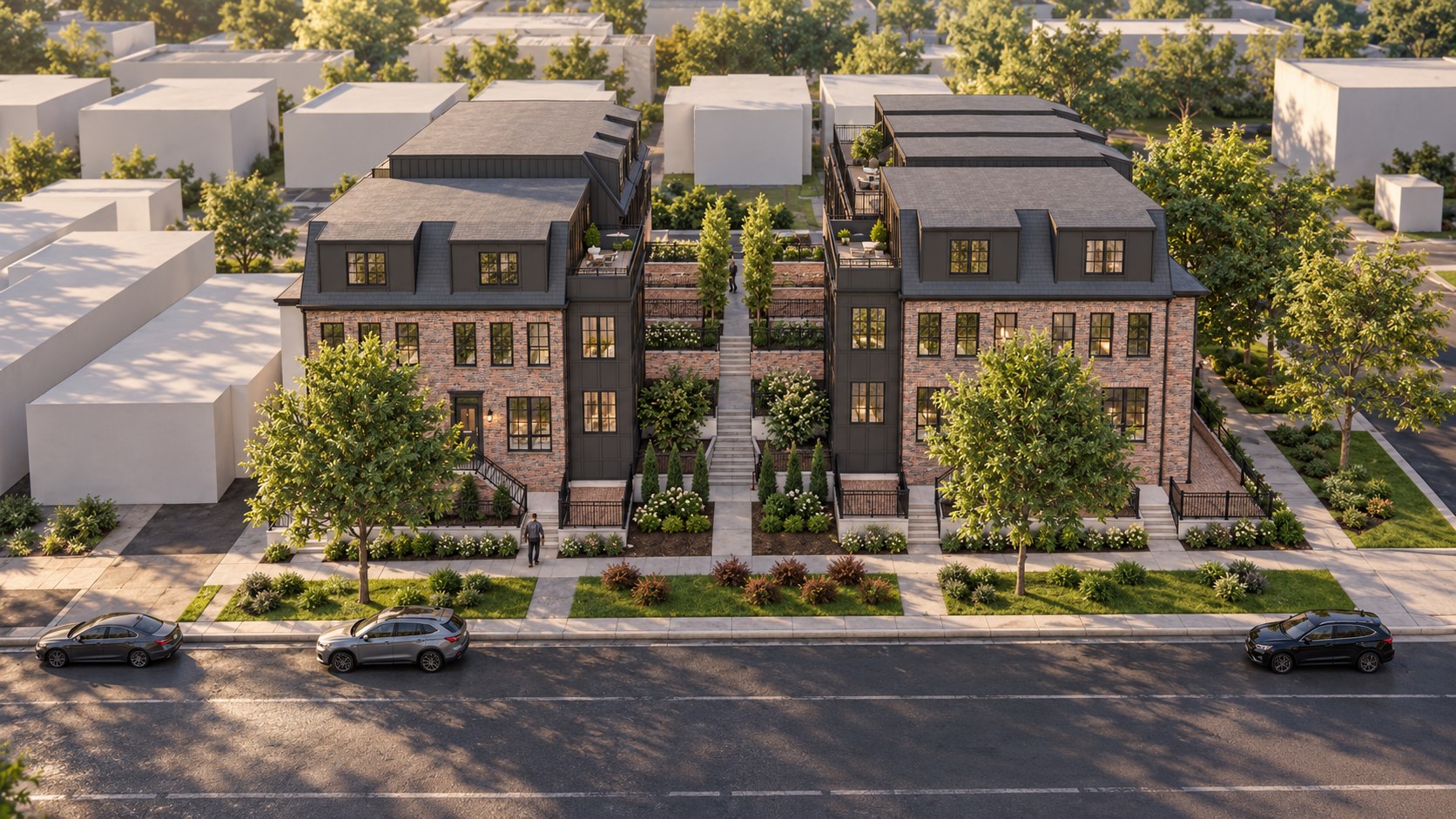 Rendering of Sunnyside Townhomes, Denver — two brick and dark-panel townhome buildings around a central landscaped walkway